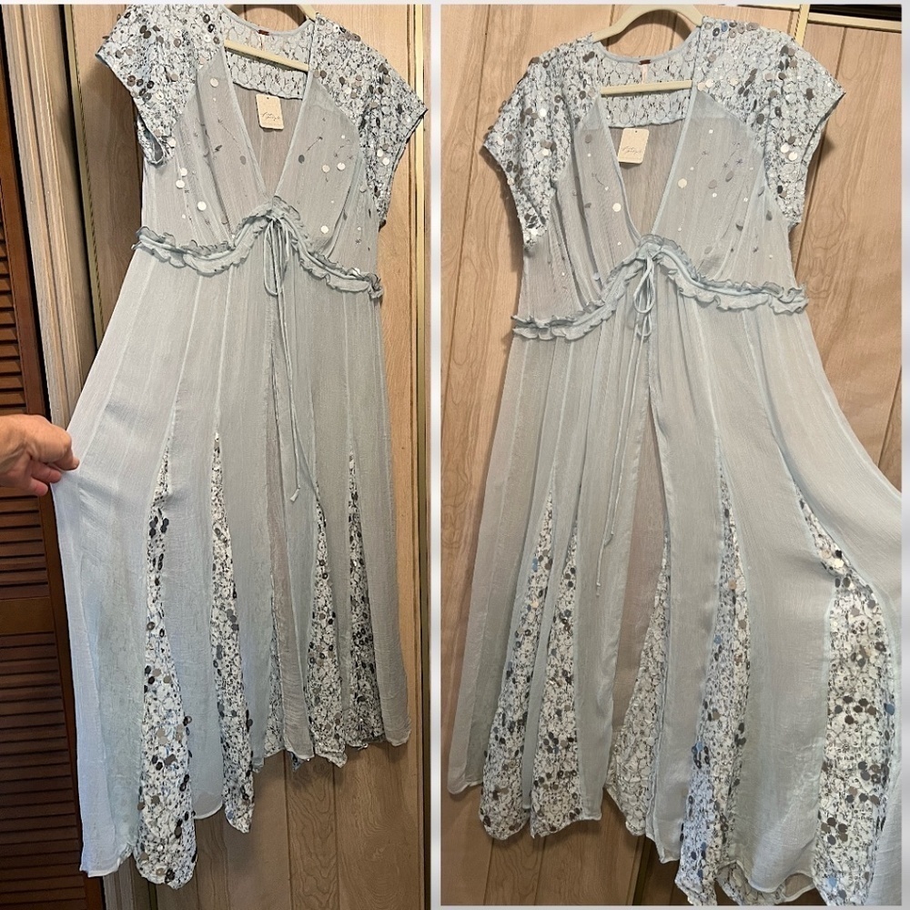 FREE PEOPLE Make a Splash Sheer Sequin-Embellished Tie Front Long Cover-Up/Dress - Picture 14 of 16